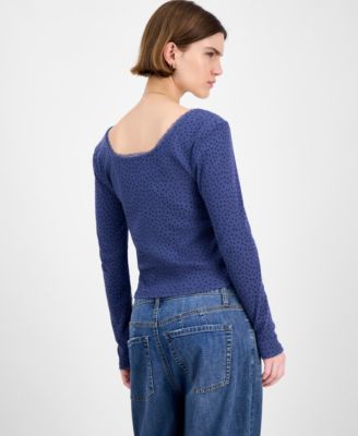 Juniors' Floral-Print Lace-Trim Top