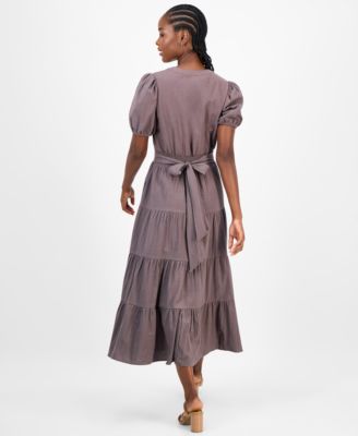 Petite Puff-Sleeve Tiered Midi Dress