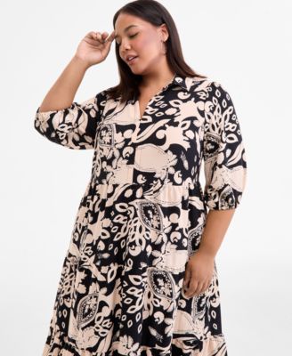 Plus Size Printed Spread-Collar Midi Dress