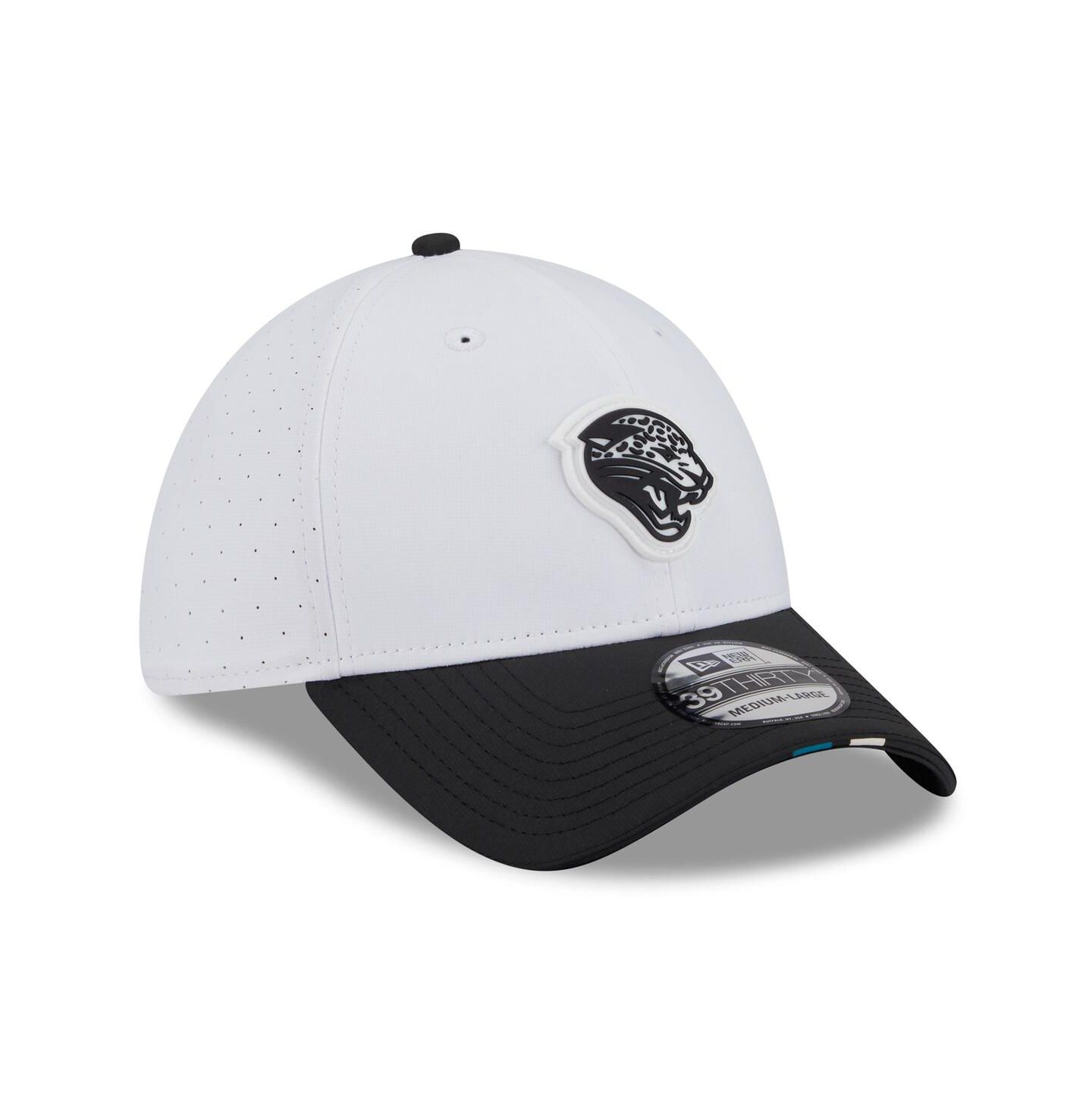 Мужская кепка New Era White/Black Jacksonville Jaguars 2025 NFL Training Camp Throwback Logo 39THIRTY Flex Hat — фото 3