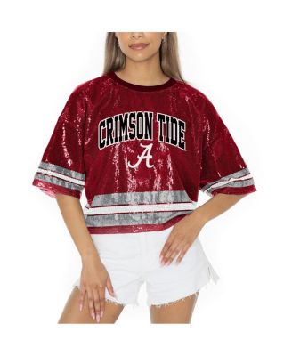 Gameday Couture - Women's Crimson Alabama Crimson Tide Sequin Striped Cropped Fashion Jersey T-Shirt