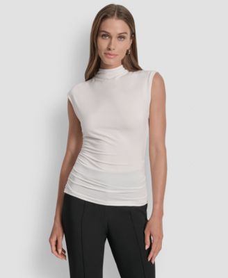Women's Mock-Neck Sleeveless Side-ruched Knit Top, Regular & Petite