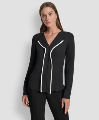 DKNY - Women's Long-Sleeve Trimmed Lapel Blouse