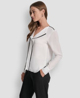 Women's Long Sleeve Trimmed Lapel Blouse, Regular & Petite