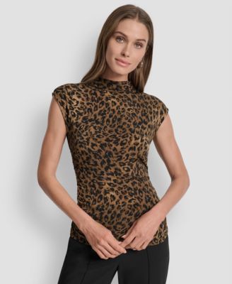 DKNY - Women's Printed Mock-Neck Cap-Sleeve Top