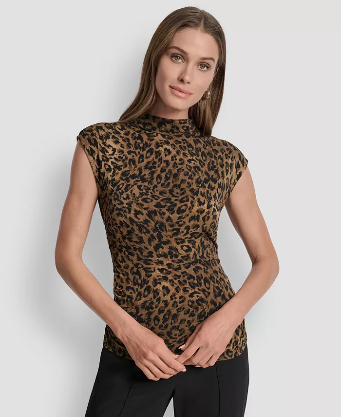 Women's Printed Mock-Neck Cap-Sleeve Top
