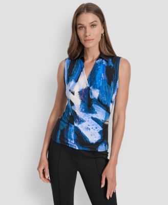 DKNY - Women's Printed Contrast-Collar Surplice Top