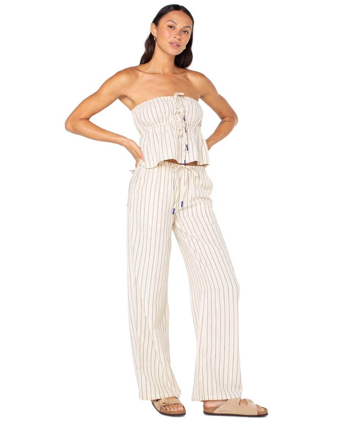Roxy Juniors' Iyla Striped Tie-front Drawstring-waist Cropped Top In Neutral