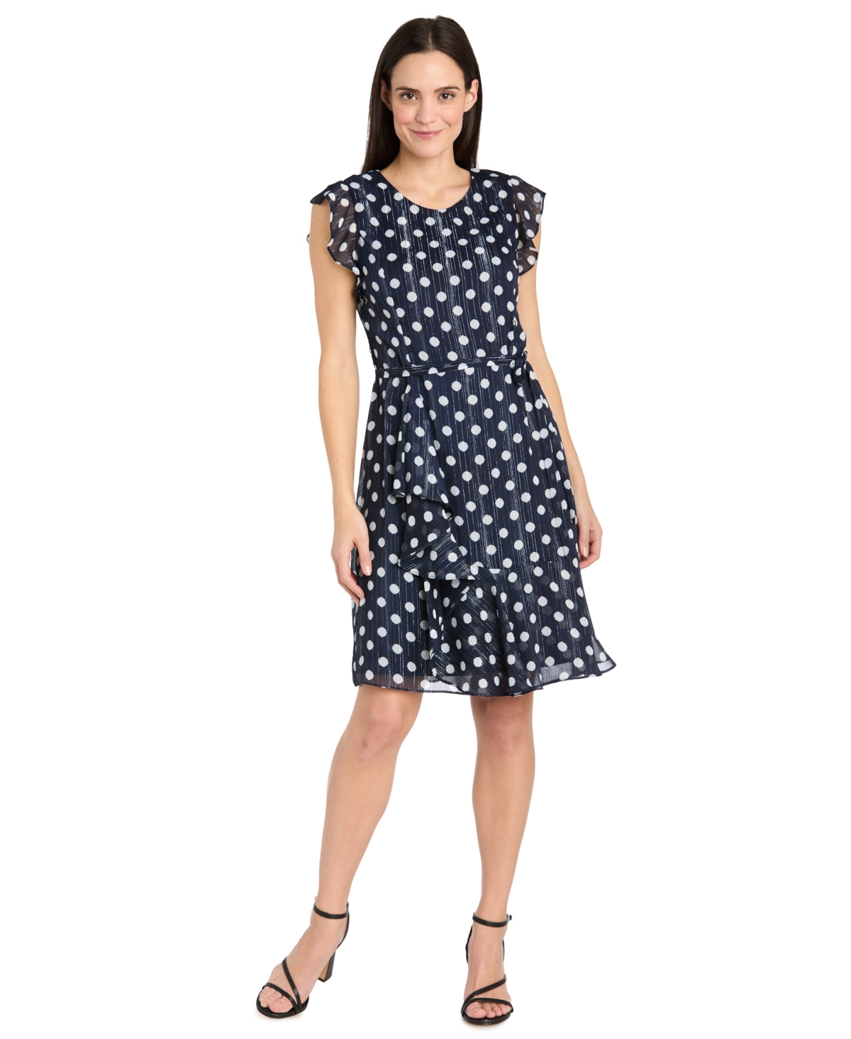 Women's Printed Metallic-Stripe A-Line Dress - Navy/White