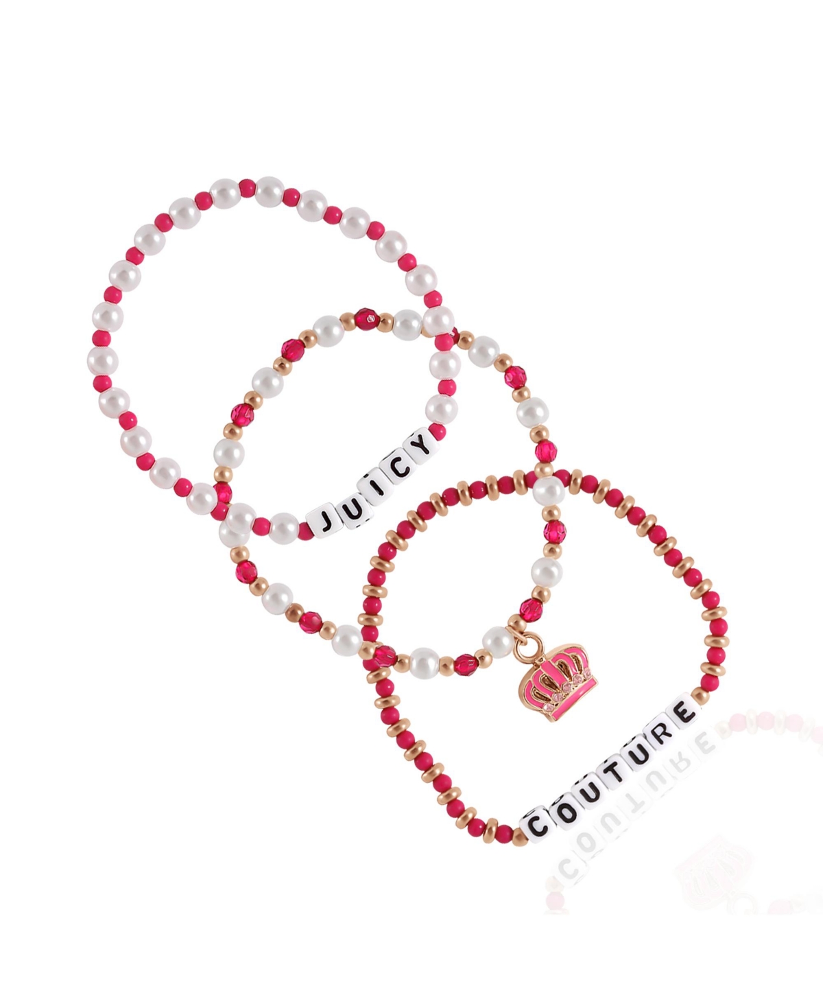 Juicy Couture Beaded Bracelet Set &#x2013; Iconic Stackable Stretch Bracelets - Pink, white, gold