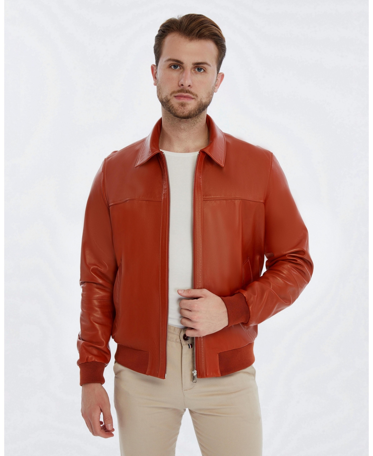 Men's Leather Bomber Jacket, Created for Macy's - Whiskey brown