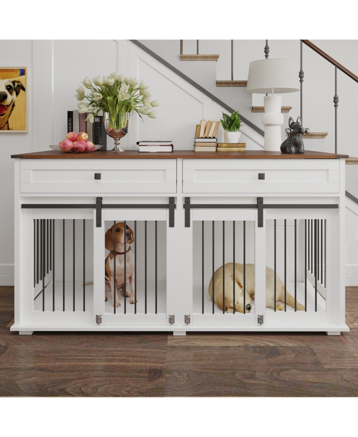 63&#x22; Double Dog Crate Furniture with Drawers & Divider - Brown white