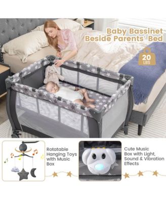 Kids Portable Playard Nursery Center Crib with Hanging Toys & Music Box