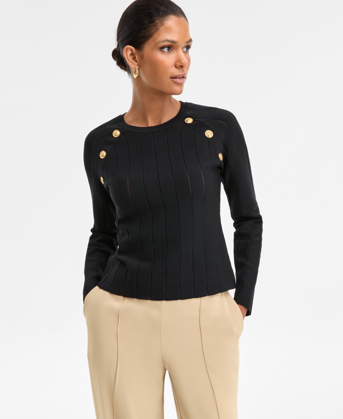 Inc International Concepts Women's Button-trim Pointelle Sweater, Macy's Exclusive In Black