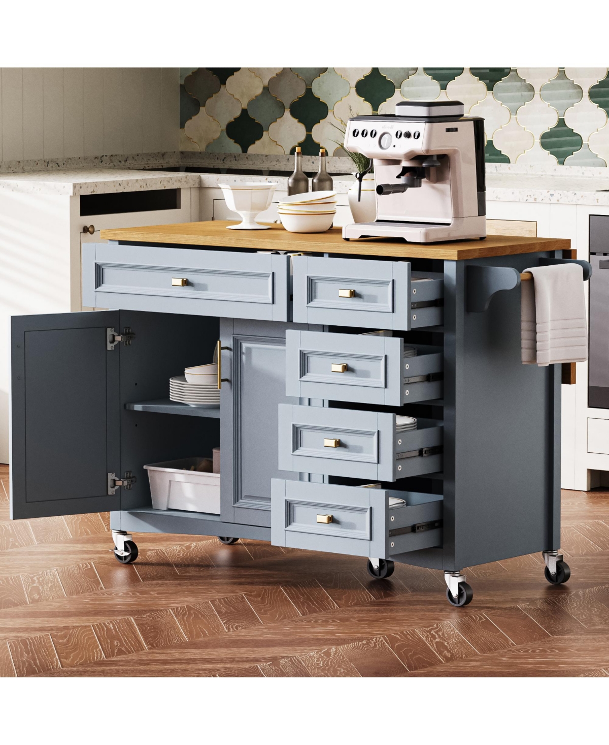 Casainc 52" Rolling Kitchen Island with Drop Leaf, Spice Rack, Towel 2 Doors, 5 Drawers, Adjustable Shelf (No Stools)