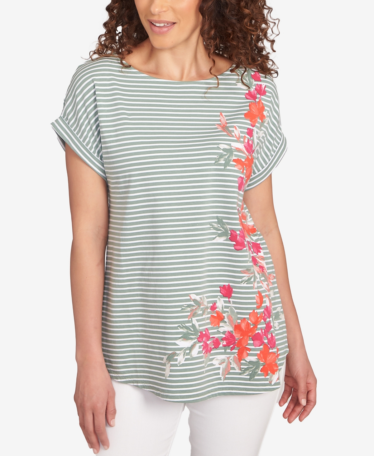 Petite Floral Stripe Jersey T-Shirt - Navy Multi