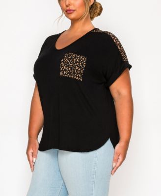 Plus Size Pebble Mesh Pocket Shoulder Rolled Sleeve Top