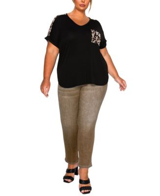 Plus Size Leopard Print Mesh Pocket Shoulder Rolled Sleeve Top