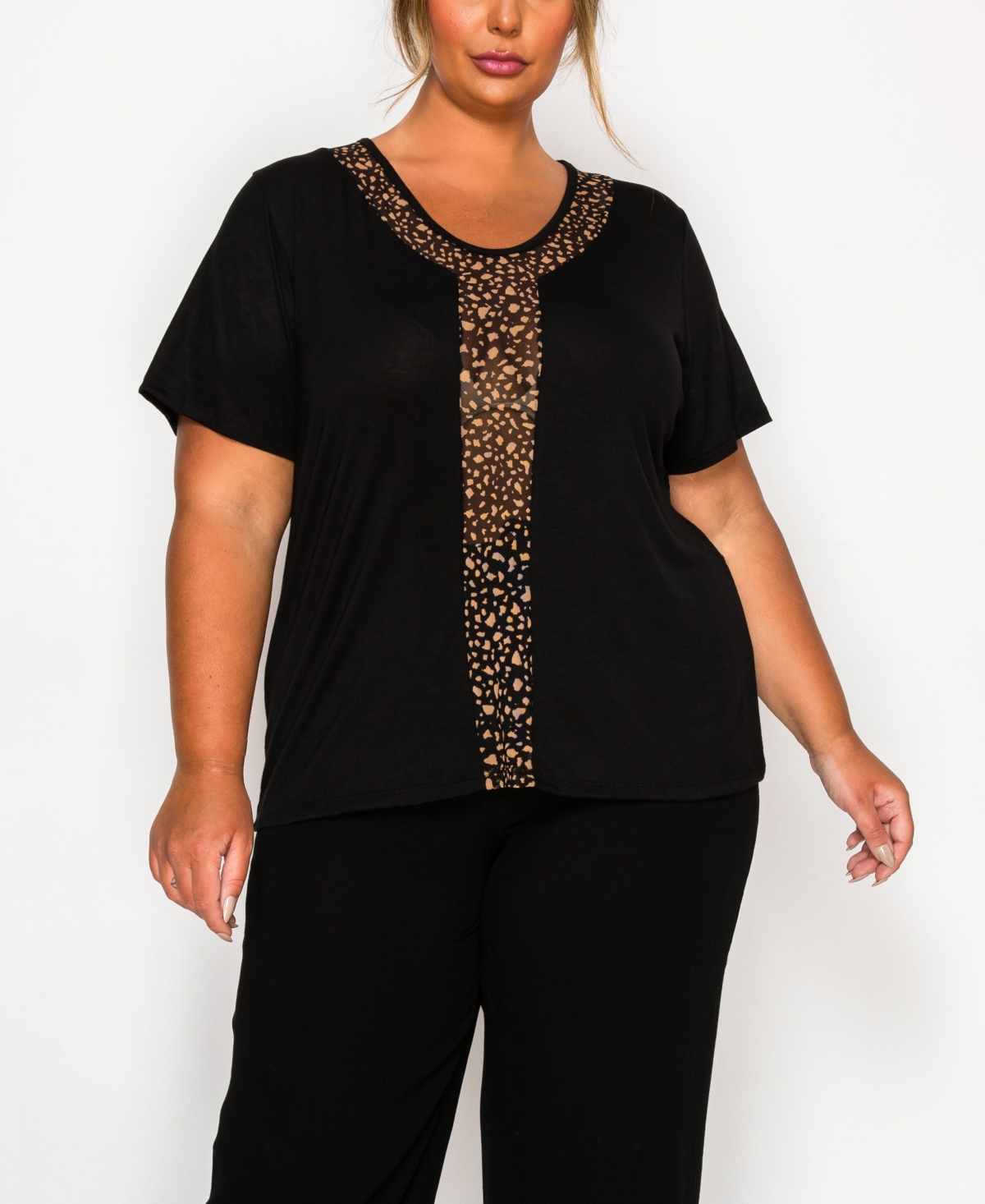Plus Size Pebble Mesh Inset Short Sleeve Top - Black