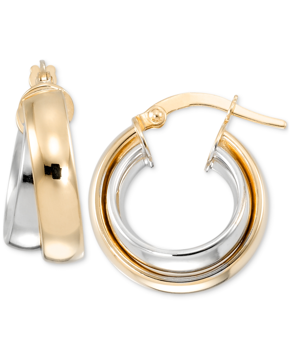 Macy's Polished Extra-Small Interlocking Hoop Earrings in 10k White & Yellow Gold, 0.39"