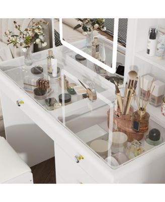 White Wood Makeup Vanity Set Dressing Desk with Glass Top