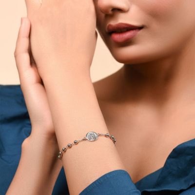 Prayer Beads with Cross Charm Virgin Mary Medal Rosary Bracelet Sterling Silver 7- 8 Inch Adjustable