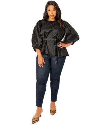 Plus Size Tie Waist Voluminous Sleeve Blouse