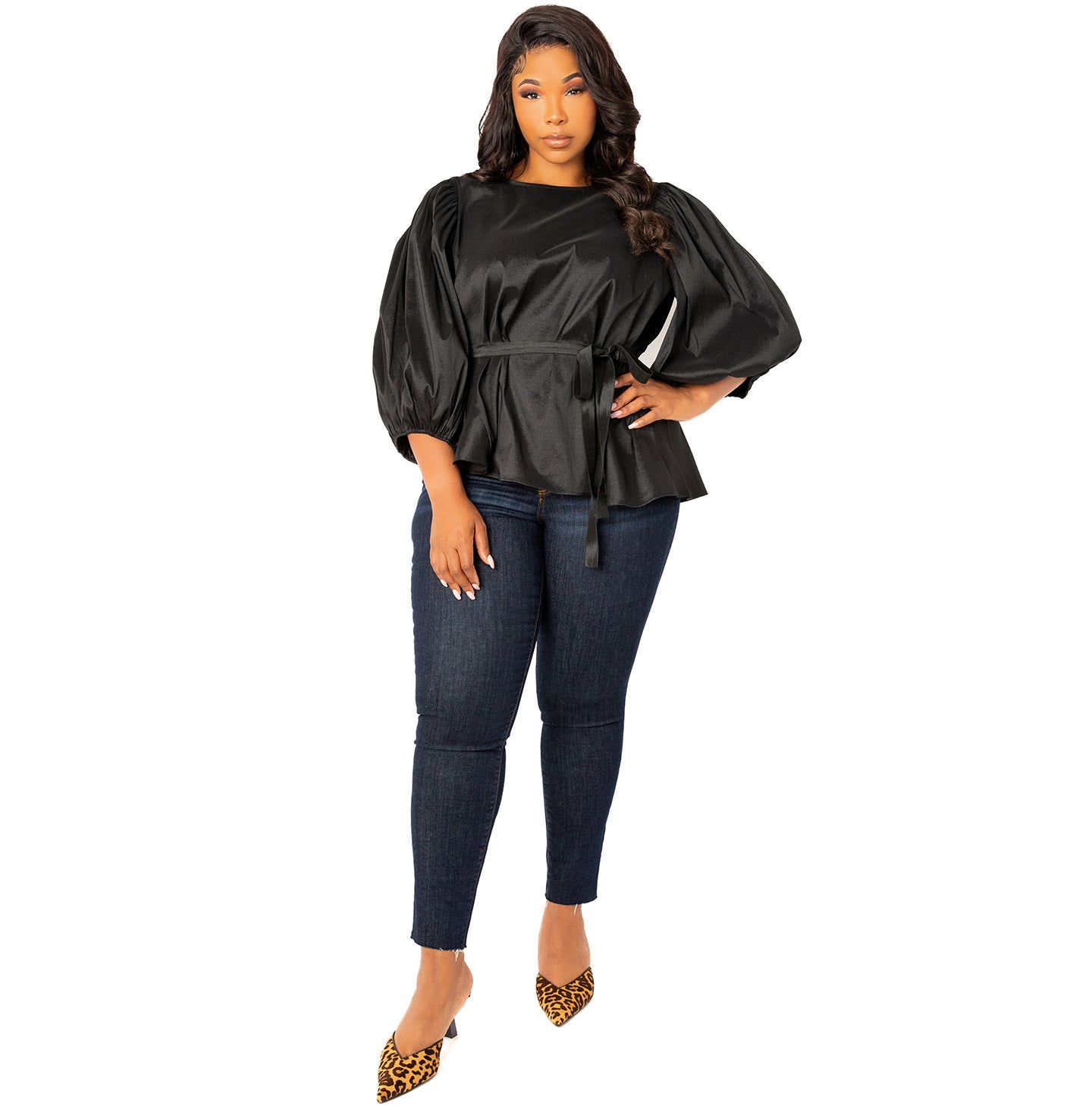 Женская блузка Buxom Couture Plus Size Tie Waist Voluminous Sleeve, цвет: Чёрный — фото 3