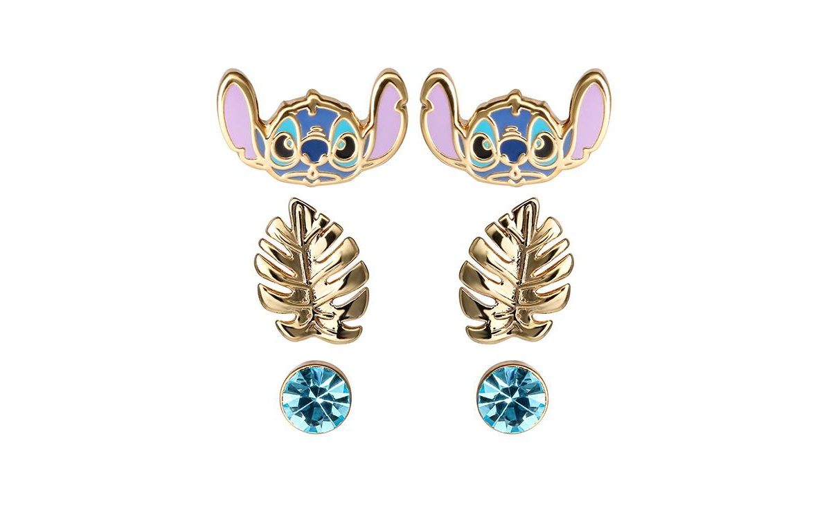 Lilo and Stitch 3 Piece Stud Earring Set - Blue, gold tone, red