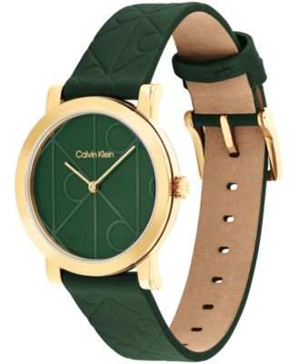 Women's CK Monogram Green Leather Strap Watch 32mm
