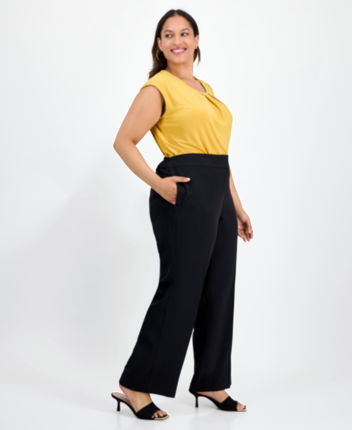 Kasper Plus Size Mid-rise Stretch Crepe Wide-leg Pants In Black