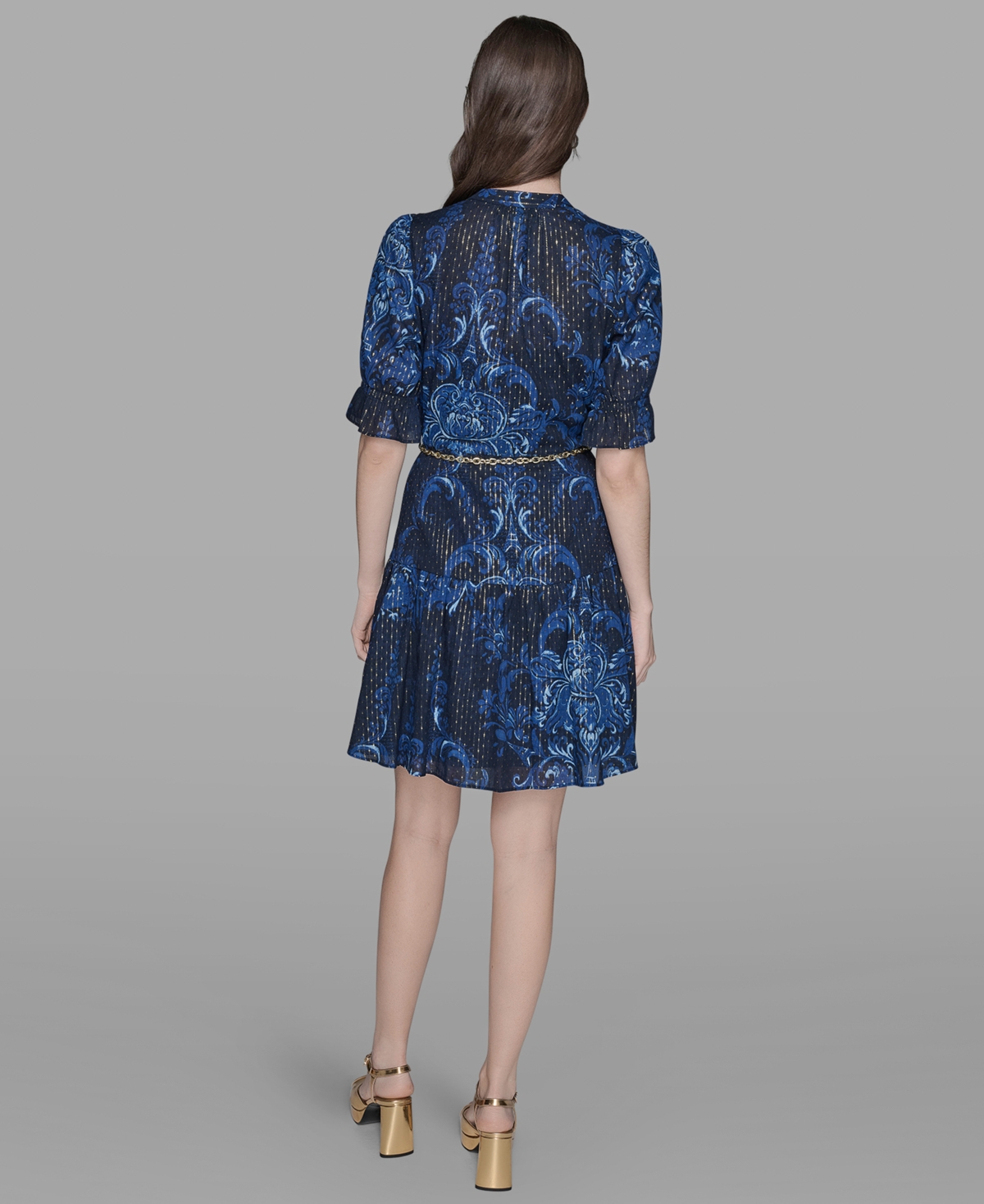 Karl Lagerfeld Petite Printed Belted Fit & Flare Dress In Multi