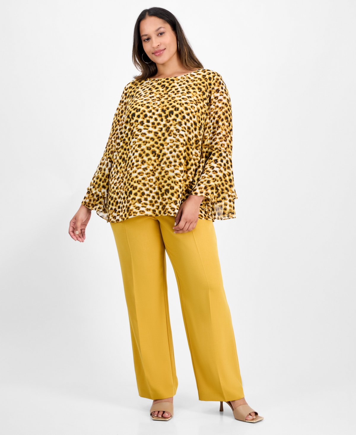 Kasper Plus Size Tiered Ruffle-sleeve Printed Blouse In Yellow