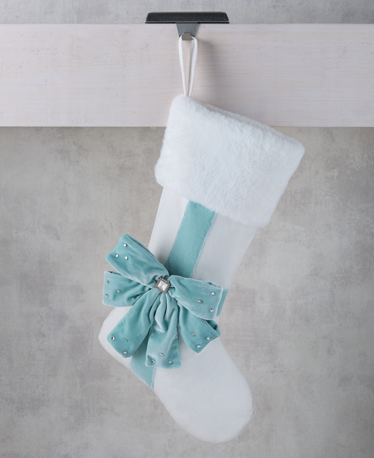 Holiday Lane Opulence Fuzzy White Blue Bow Stocking, Macy's Exclusive