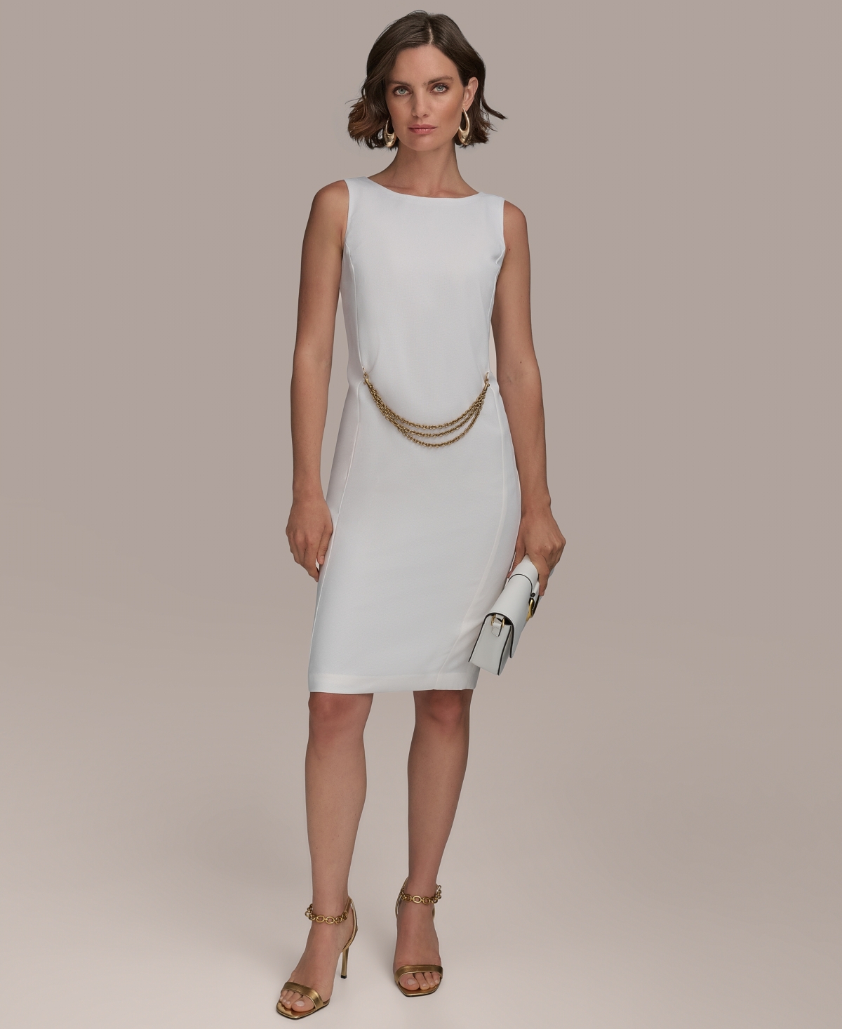 Women's Sleeveless Chain-Belt Sheath Dress - Cream