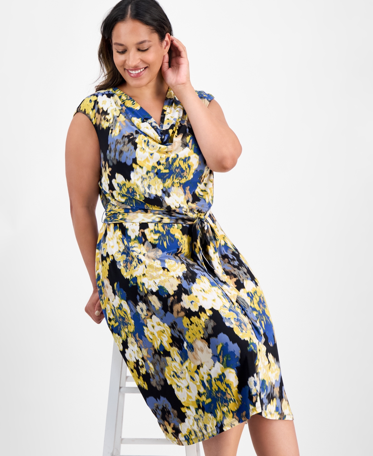 Kasper Plus Size Floral Print Cowlneck Dress In Multi