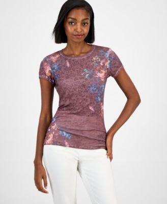 GUESS - Women's Peony-Print Round-Neck Burnout T-Shirt