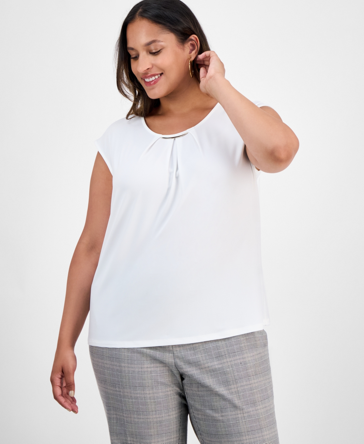 Kasper Plus Size Pleat-neck Cap-sleeve Blouse In White