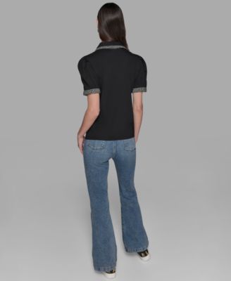 Petite Tweed-Trim Knit Top