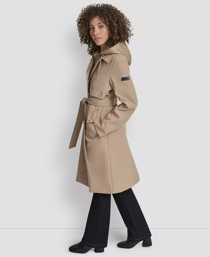 Women's Hooded Bibbed Belted Trench Coat - thumbnail 4