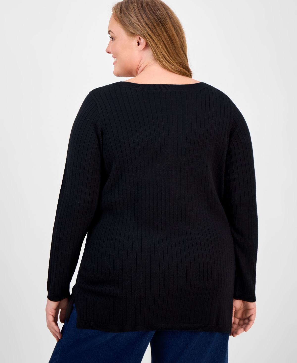 Style & Co Plus Size Solid Long-sleeve Sweater, Macy's Exclusive In Black