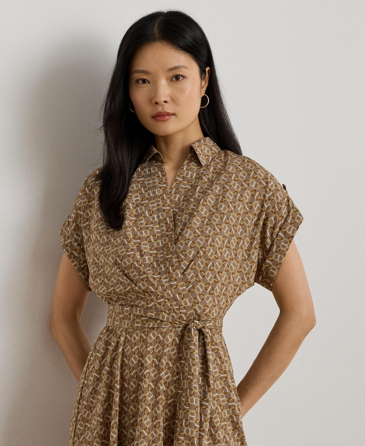Ralph Lauren Womens Geo Print Belted Crepe Dress 0p 18 In Brown