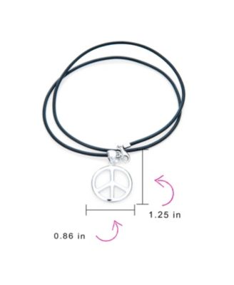 Peace Sign Pendant Necklace Black Leather Cord Sterling Silver 18"