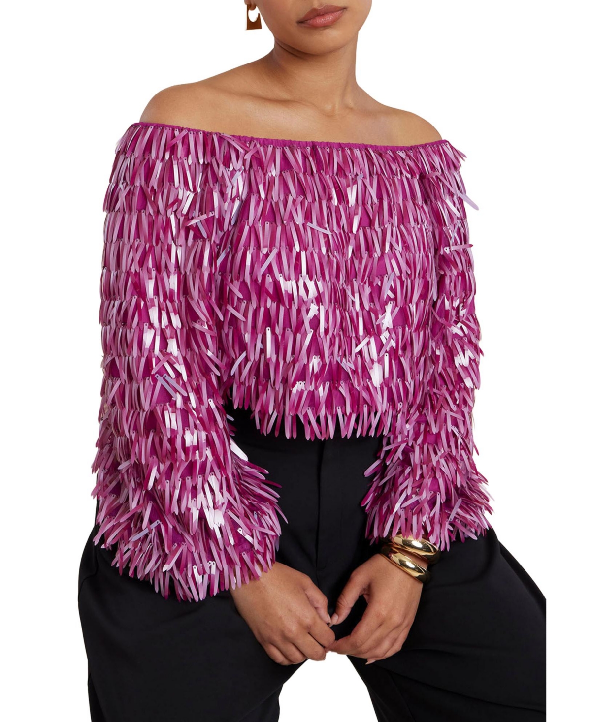 Women's Fringe Sequin Off The Shoulder Top - Festival fuschia