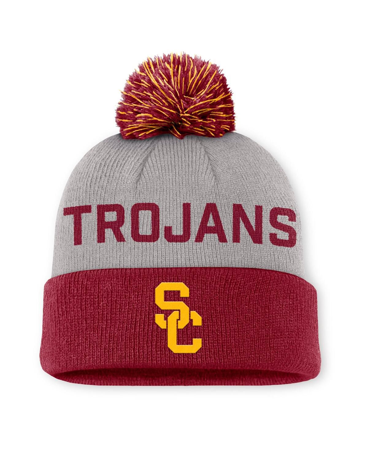 Мужская вязаная шапка серого цвета/кардинал USC Trojans Prime Time Peak с манжетами и помпоном