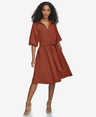 Calvin Klein - Women's Belted Puffed-Sleeve Shirtdress