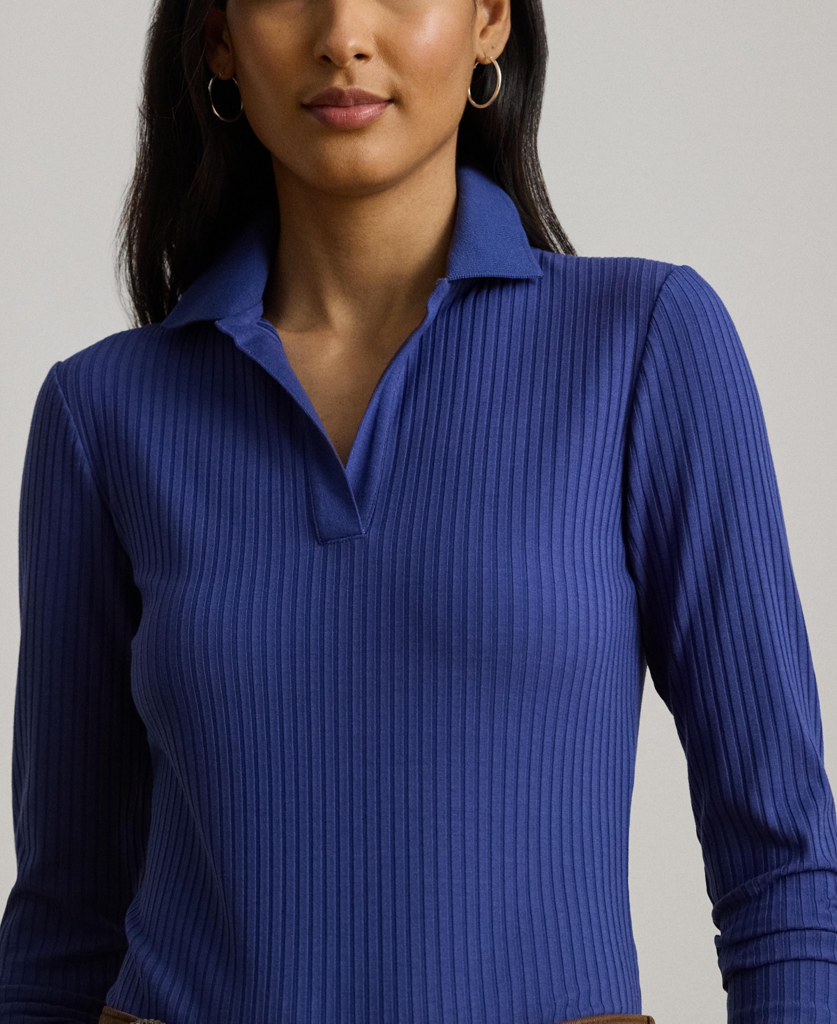 Ralph Lauren Rib-knit Long-sleeve Polo Top In Blue