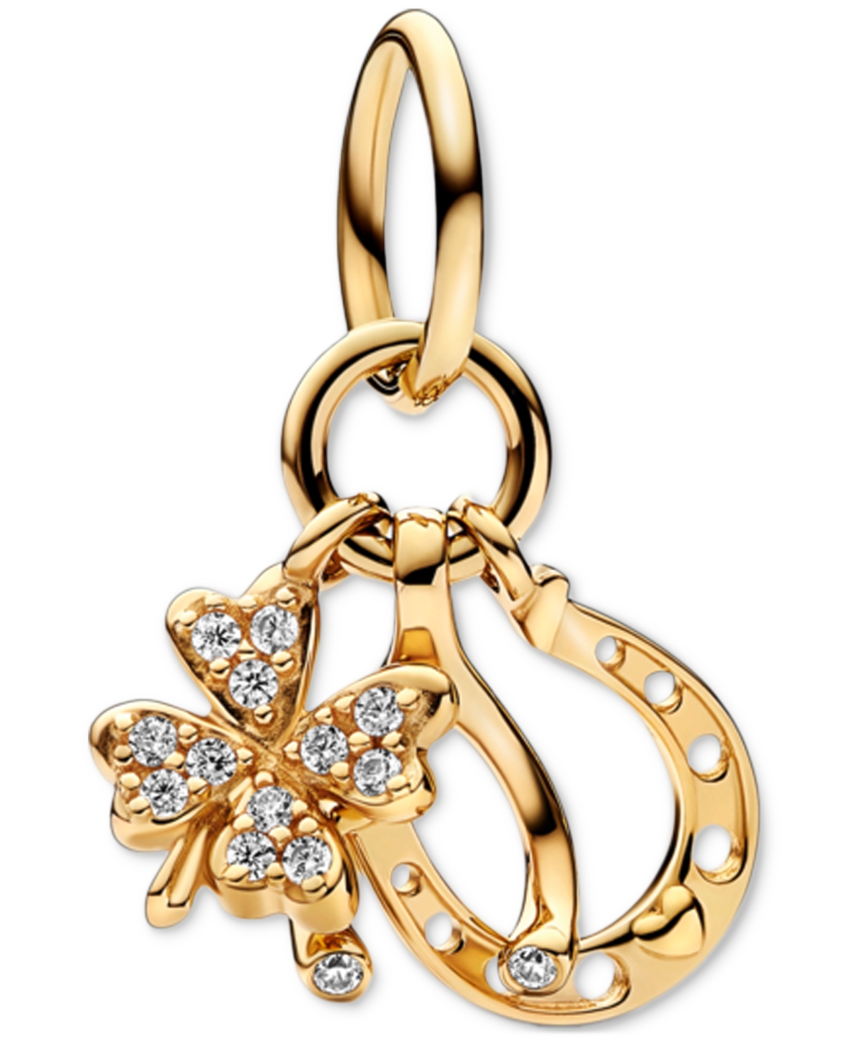 14k Gold Clover, Wishbone and Horseshoe Cubic Zirconia Dangle Charm - Gold