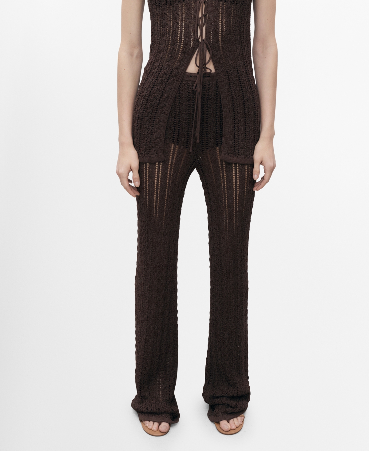 Mango Openwork Knit Pull-on Straight Leg Pants In Brown
