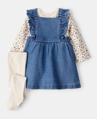 Carter's - Baby Girls Floral-Print Top, Denim Jumper & Footed Tights, 3 Piece Set